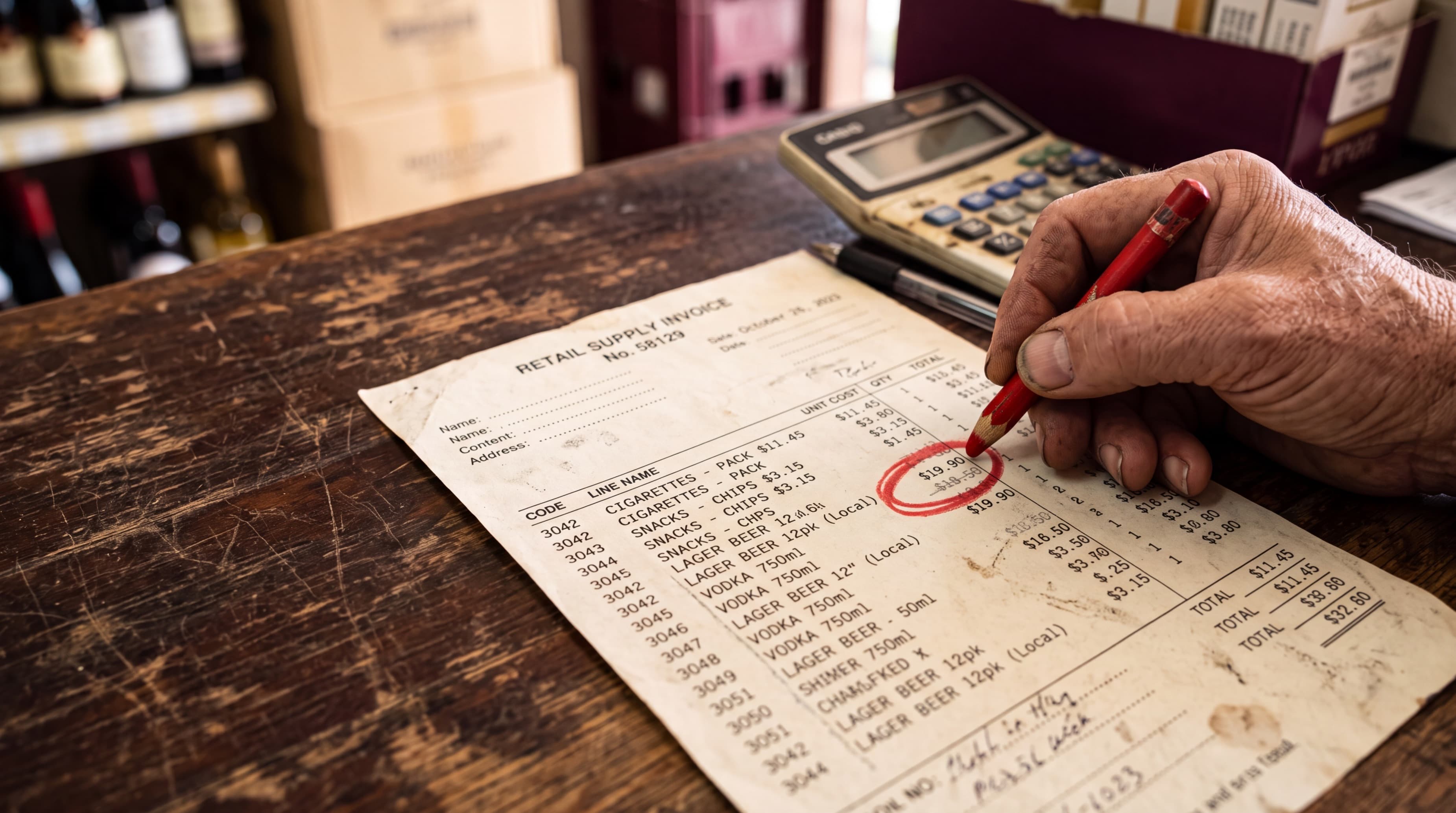 A store owner's hand circling a vendor price increase in red on a paper supply invoice at the checkout counter, liquor bottles on the shelves behind